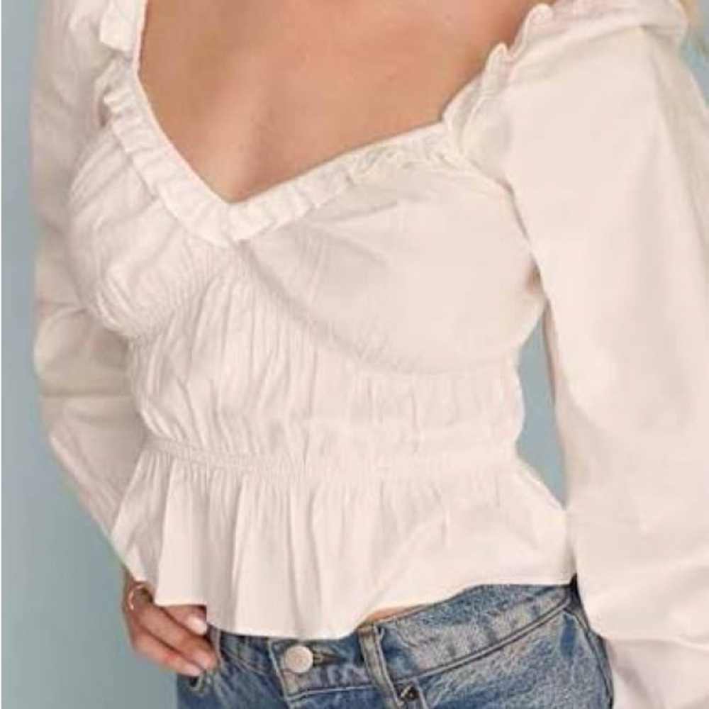 Reformation White Fern Poplin Peplum Long-Sleeve Top